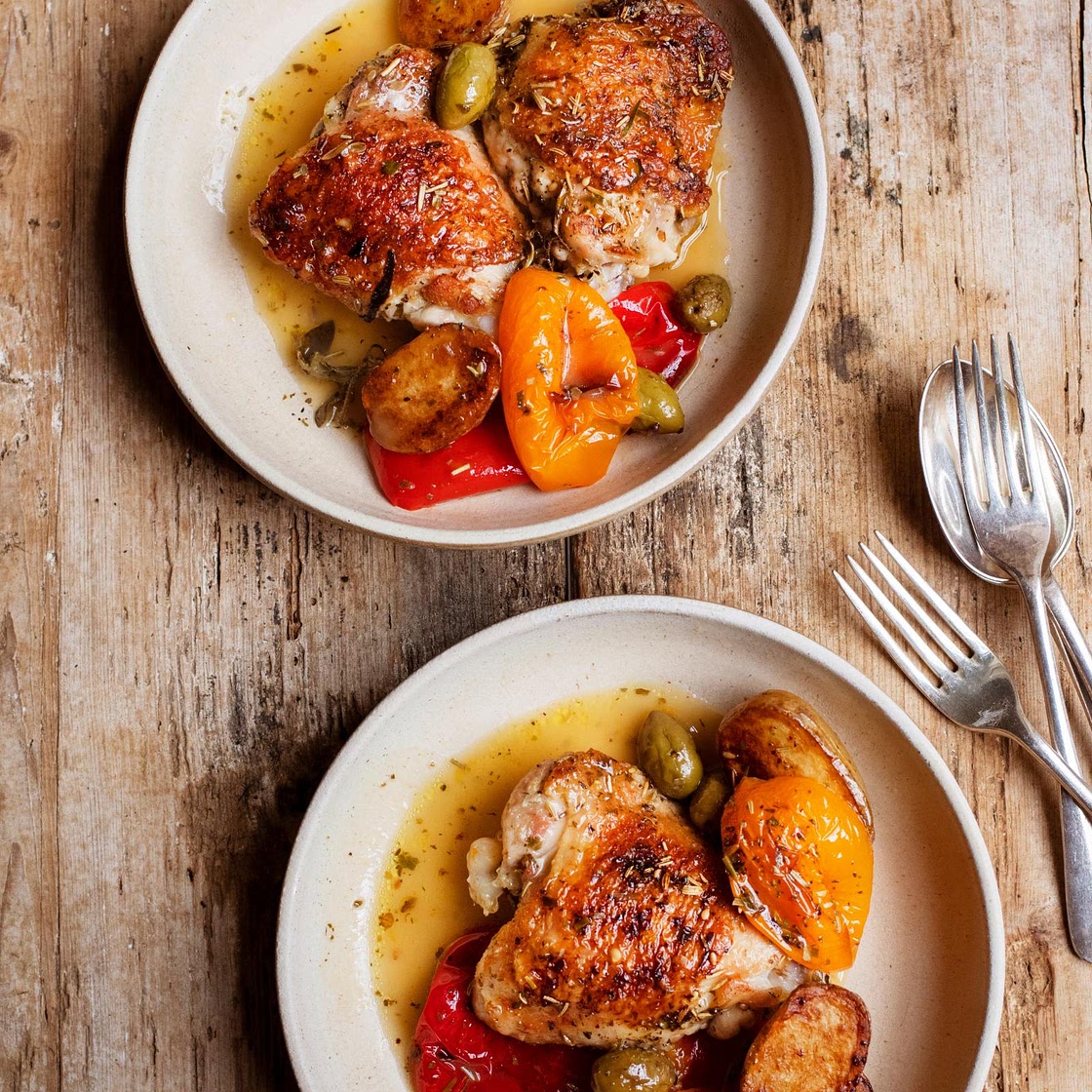 Chicken, romano peppers, olives