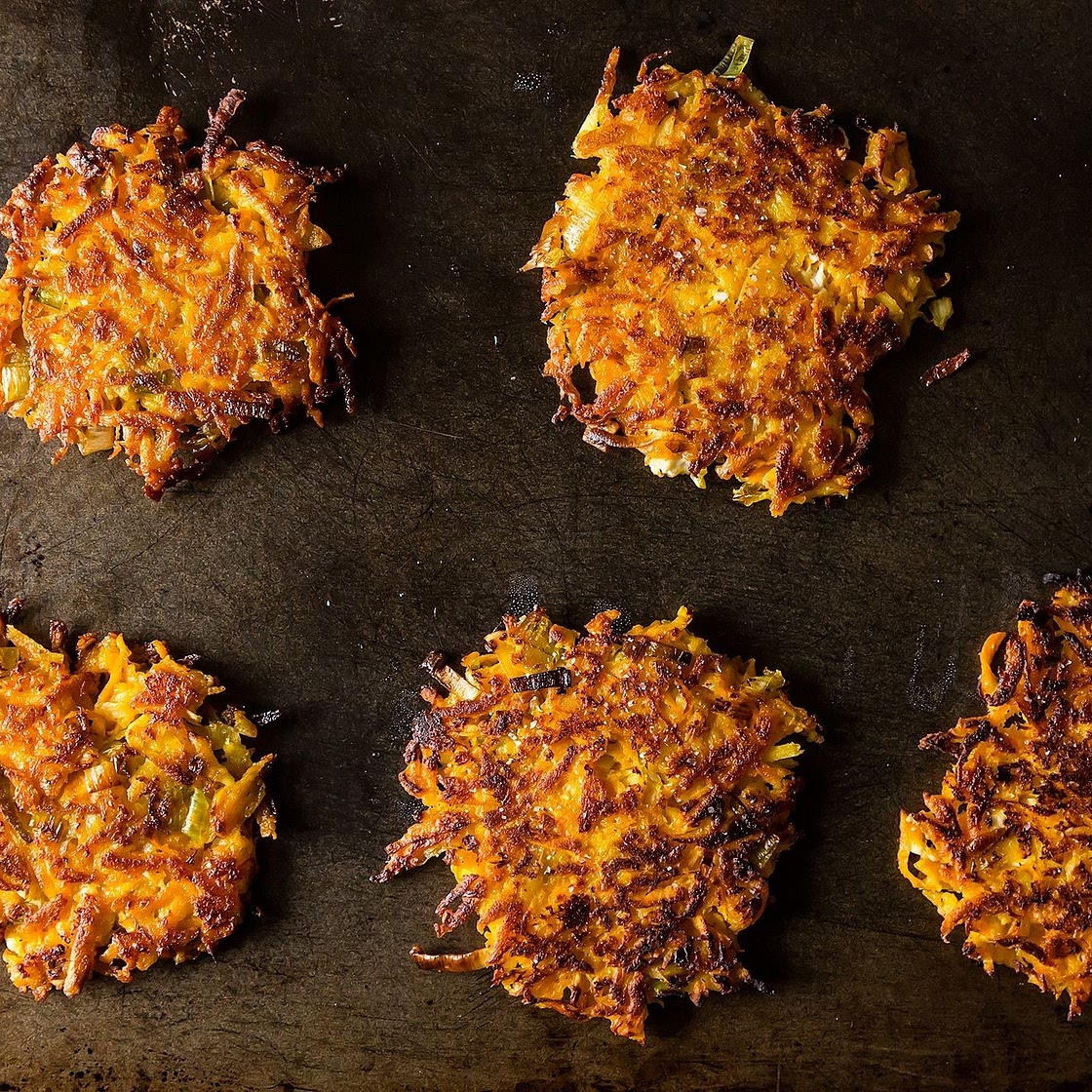 Sweet Potato Parsnip Latkes with Feta and Leeks