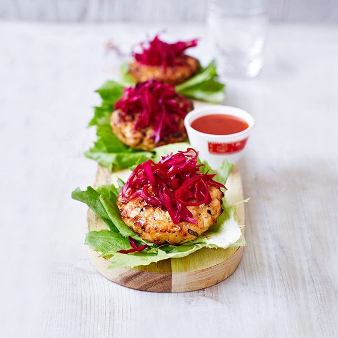 Healthy chicken burgers with pickled red cabbage