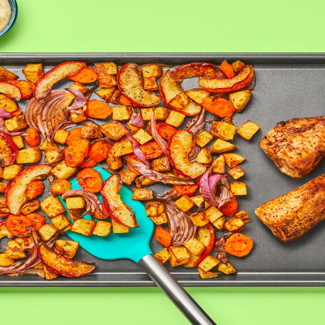 Sheet Pan Creamy Mustard Pork Tenderloin plus Rosemary Roasted Root Veggies & Apple