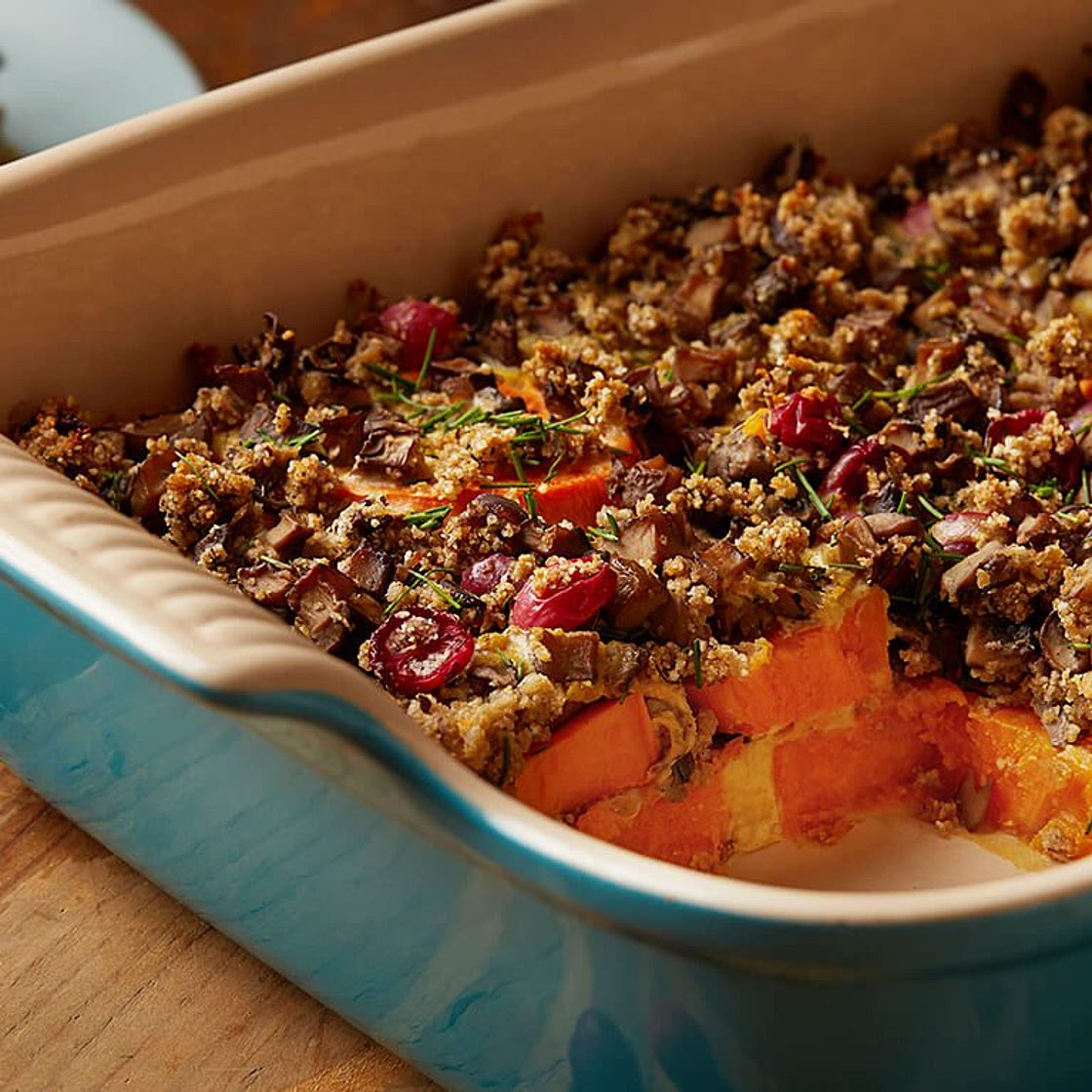 Sweet Potato Casserole with Herbed Mushroom Stuffing