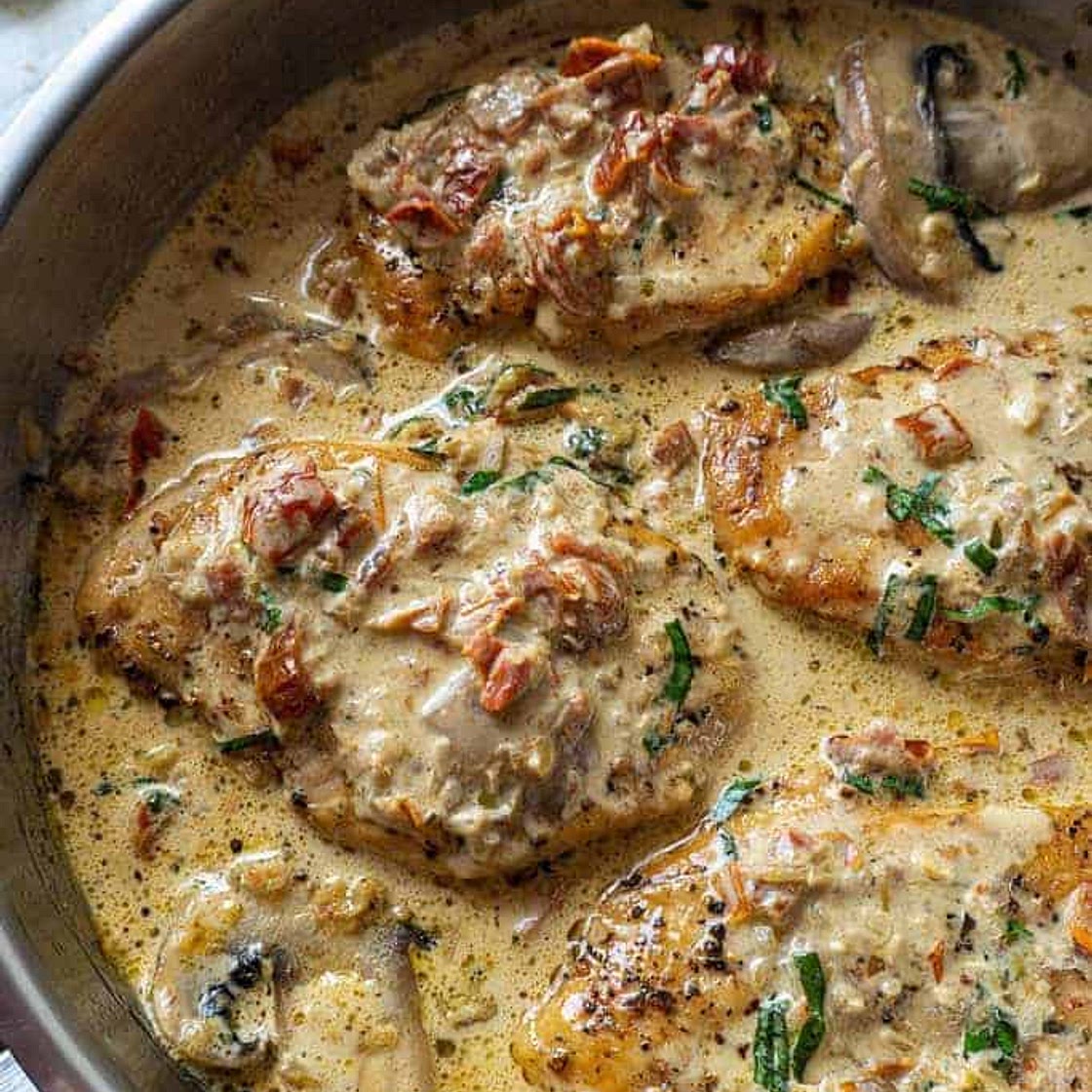 Chicken with Sun Dried Tomato and Mushroom Cream Sauce