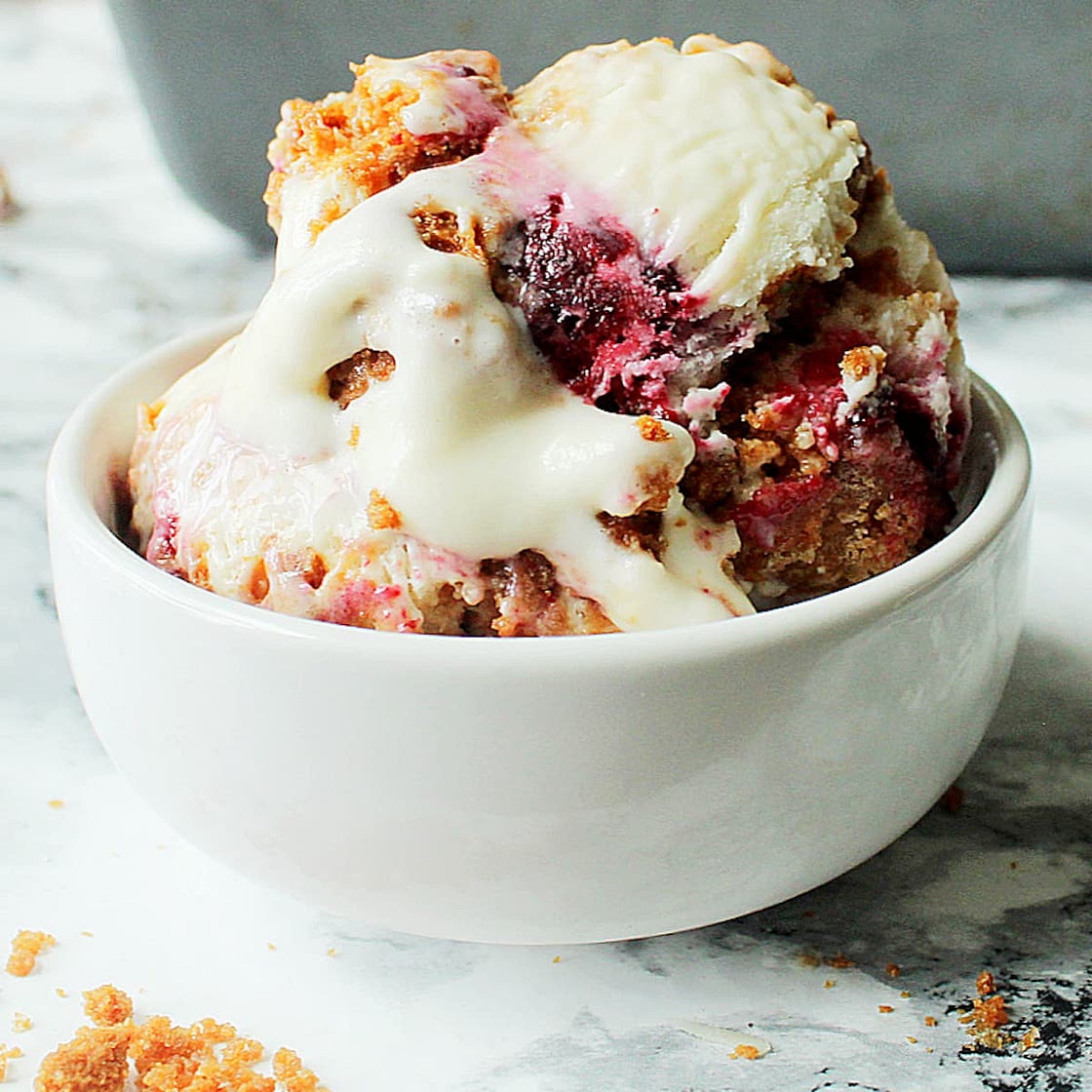 Blackberry Cheesecake Ice Cream with Biscoff Cookie Swirl (No-Churn Recipe)