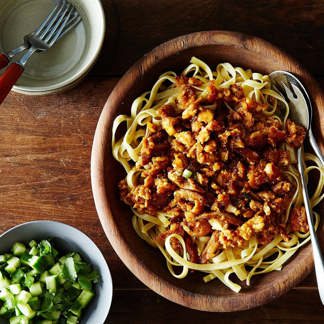 Spicy Garlic Noodles with Crumbled Tofu and Cucumber Salad