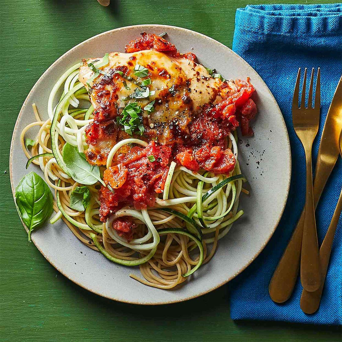Balsamic Chicken with Pasta and Zucchini Noodles