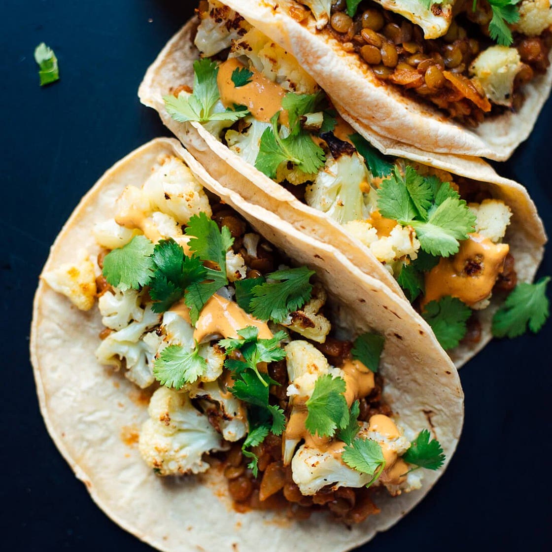 Roasted Cauliflower and Lentil Tacos with Creamy Chipotle Sauce