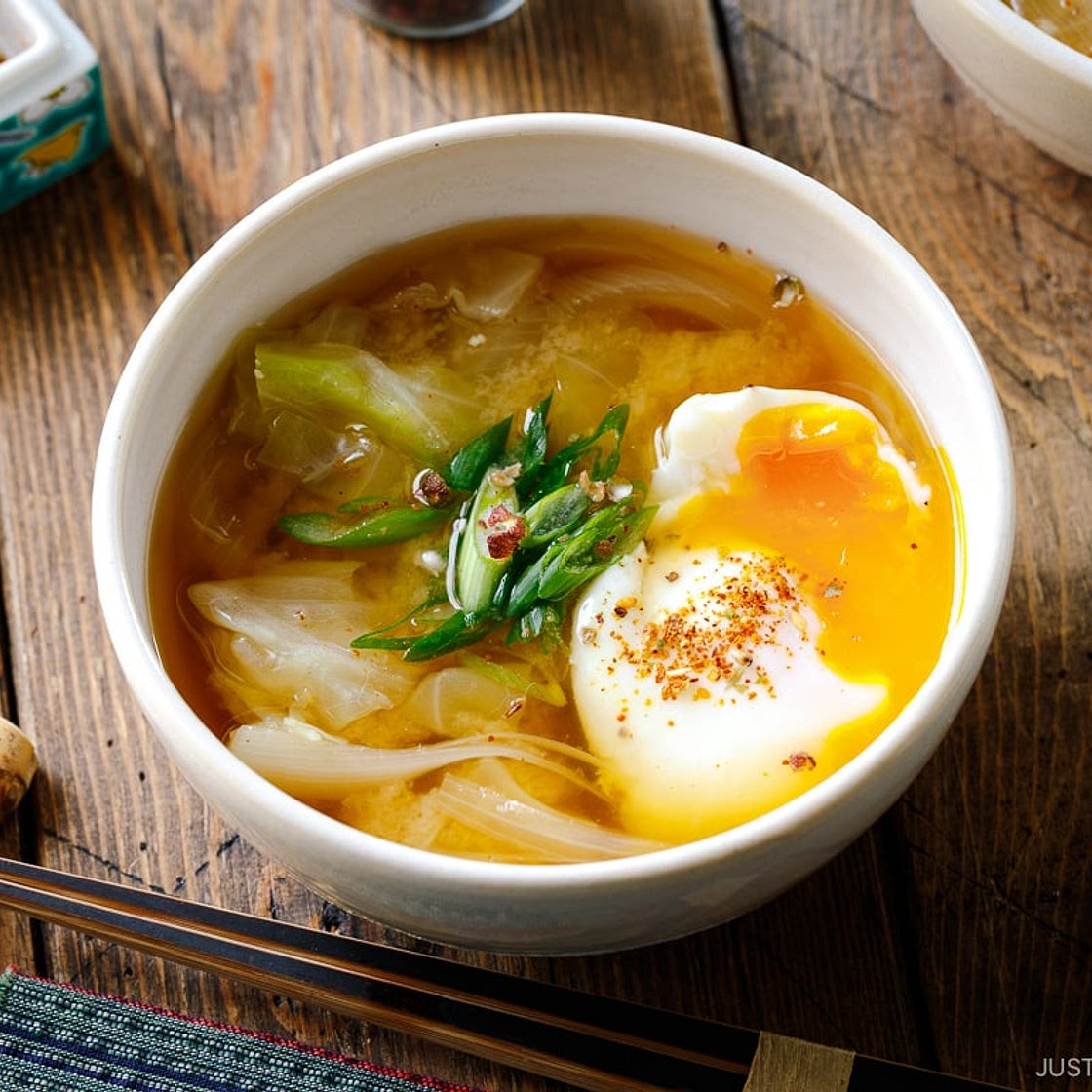 Cabbage and Onsen Tamago Miso Soup