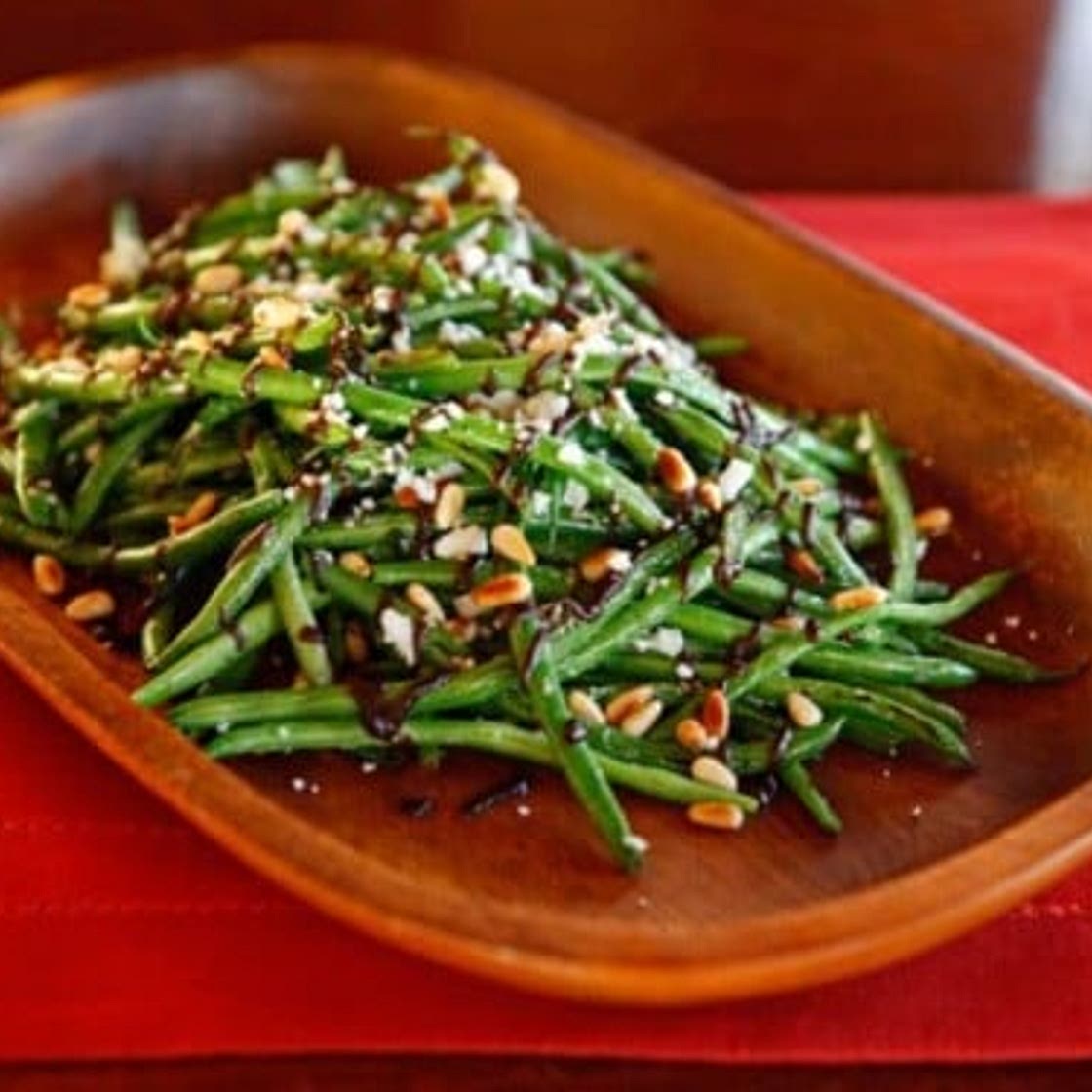 Green Beans with Balsamic Date Reduction, Feta and Pine Nuts