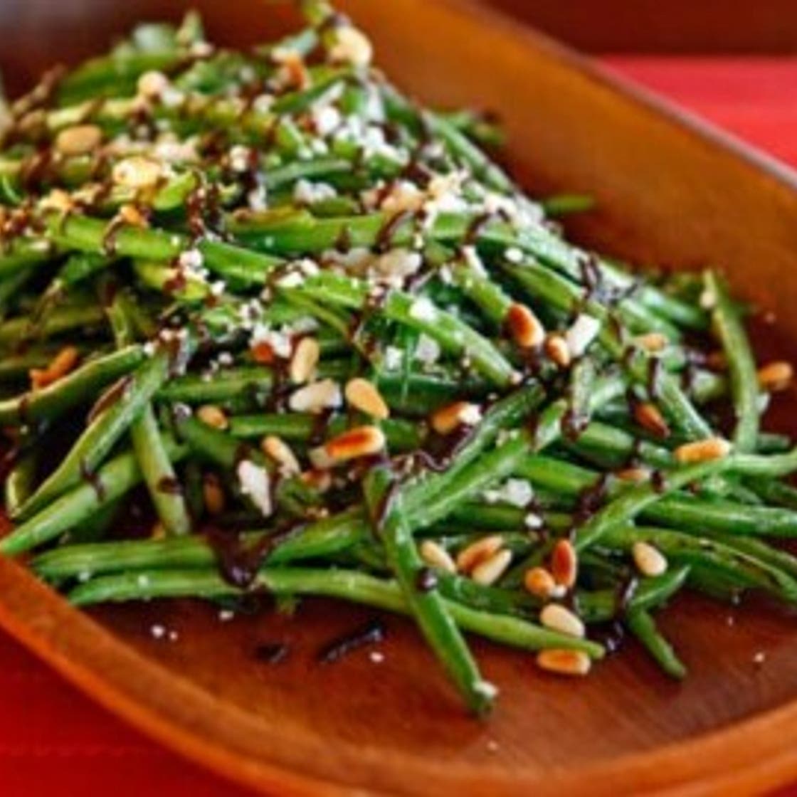 Green Beans with Balsamic Date Reduction, Feta and Pine Nuts