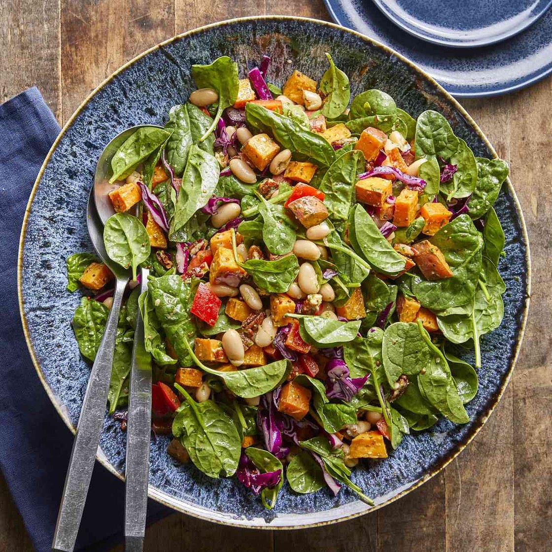 Spinach Salad with Roasted Sweet Potatoes, White Beans & Basil