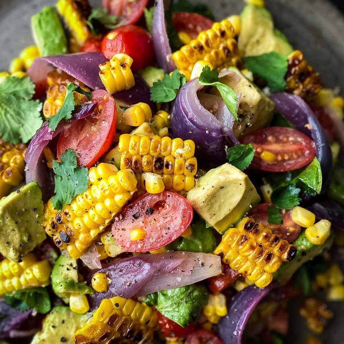 Charred Corn Avocado Salad with Roasted Red Onions