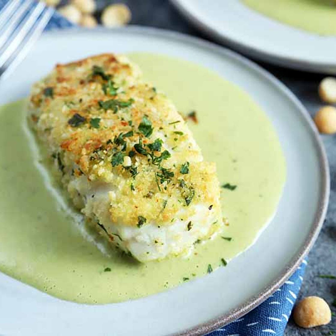 Macadamia Nut Crusted Halibut with Fresh Herbs and Coconut Sauce