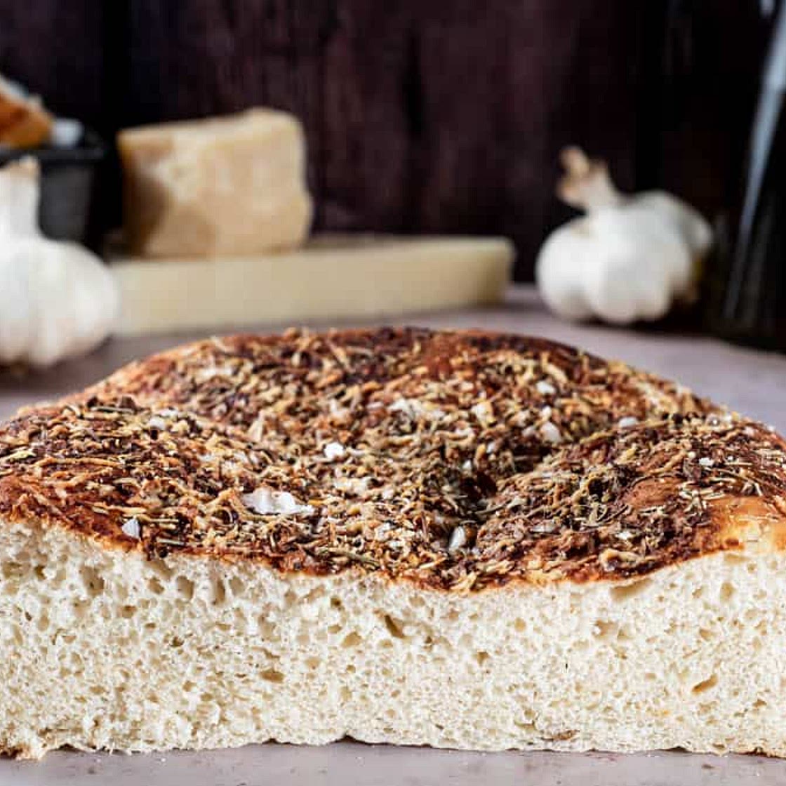 Focaccia with Parmesan, Rosemary and Roasted Garlic