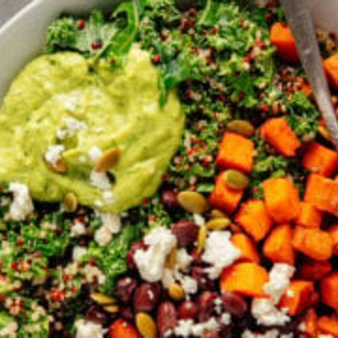 Southwestern Kale Power Salad with Sweet Potato, Quinoa & Avocado Sauce