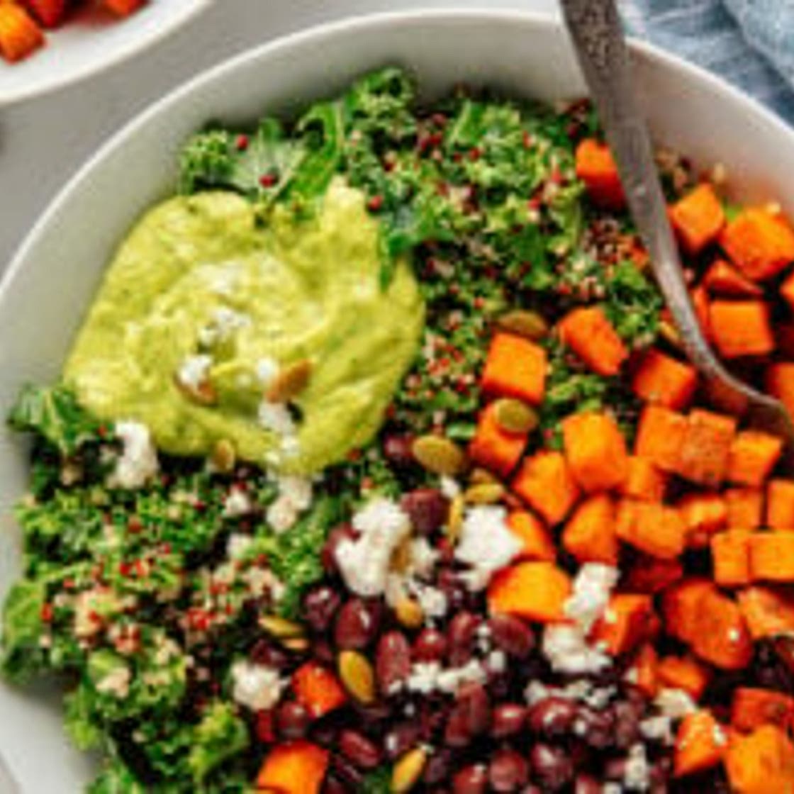 Southwestern Kale Power Salad with Sweet Potato, Quinoa & Avocado Sauce