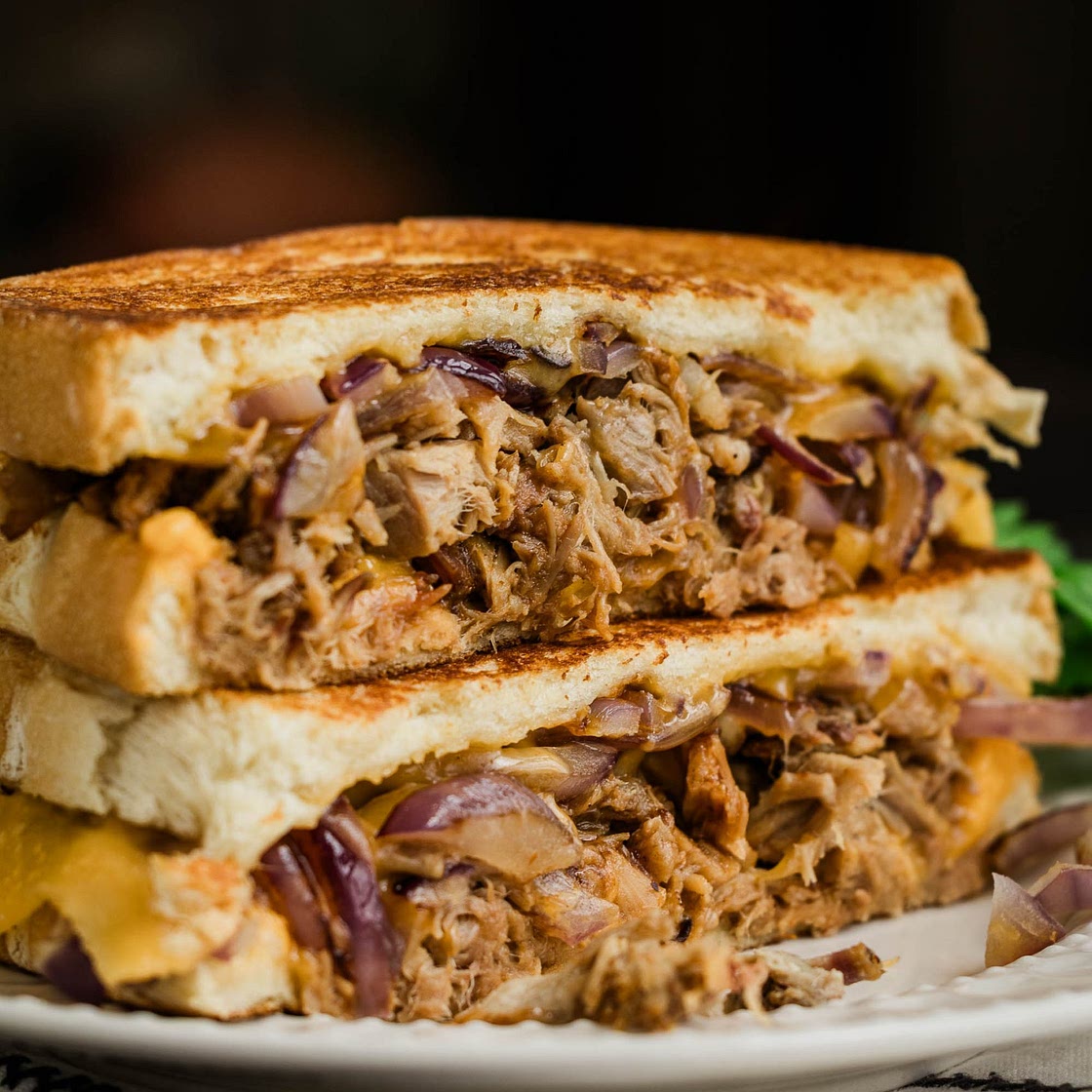 Grilled Cheese with BBQ Pulled Pork and Caramelized Onions