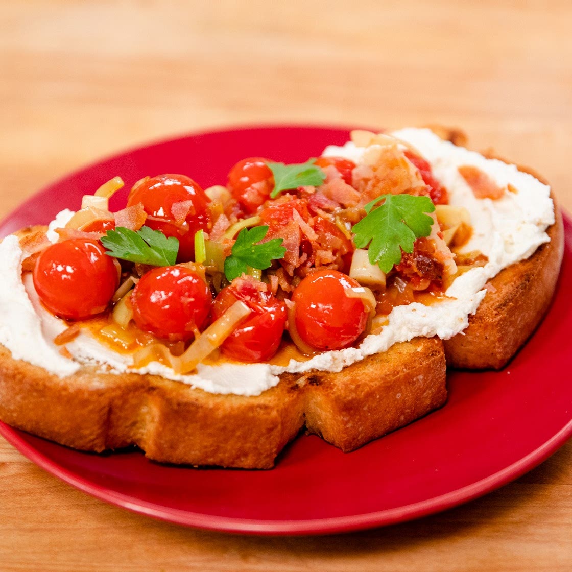 Open Faced Bacon, Leek, Tomato and Goat Cheese Sandwich