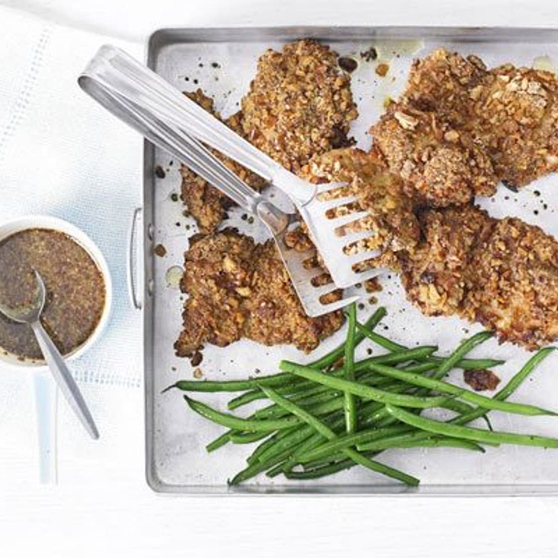 Crispy pretzel chicken with honey-mustard sauce