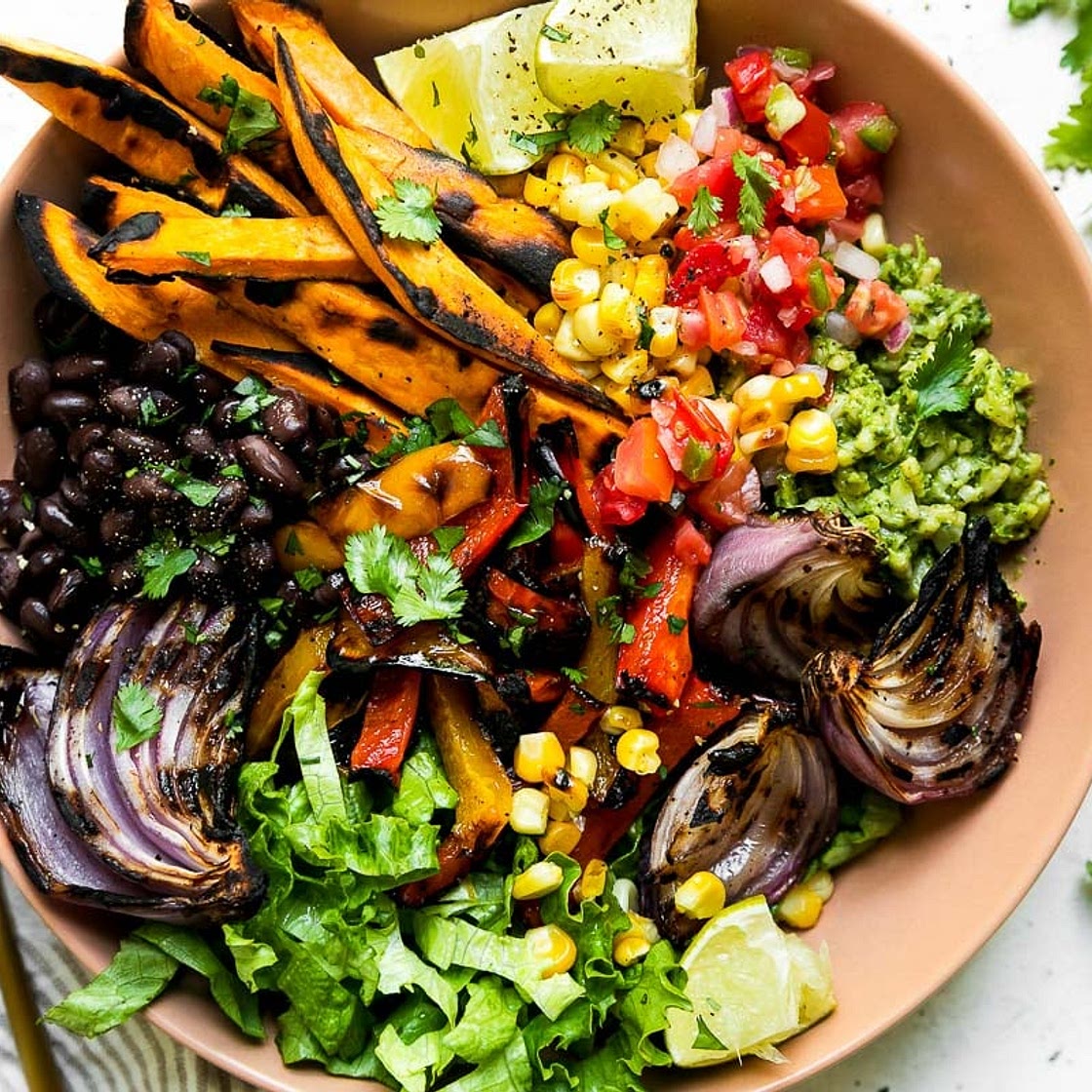 Grilled Veggie Burrito Bowls with Black Beans & Green Rice (Vegetarian, Vegan)