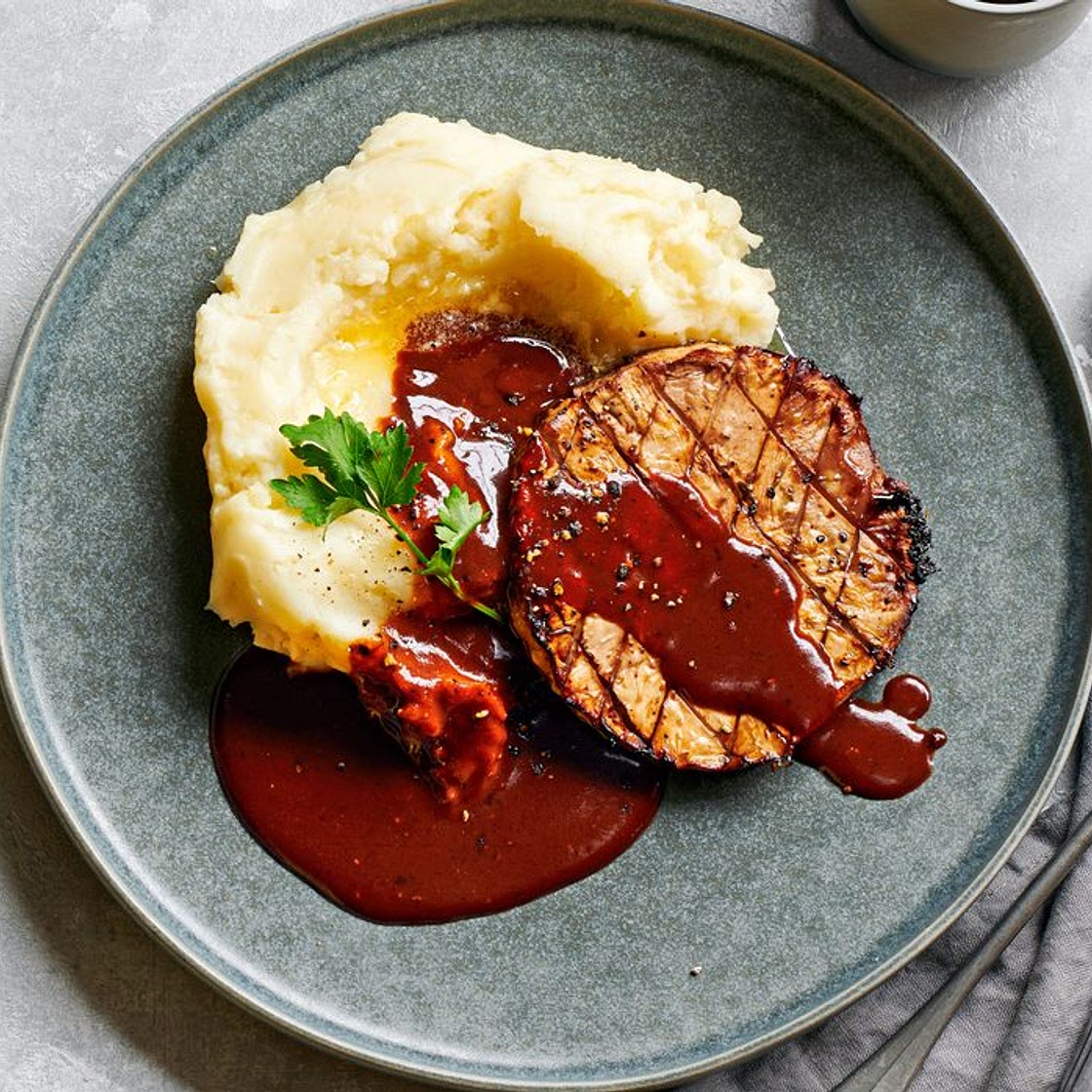 Celeriac steak with mash and gochujang sauce