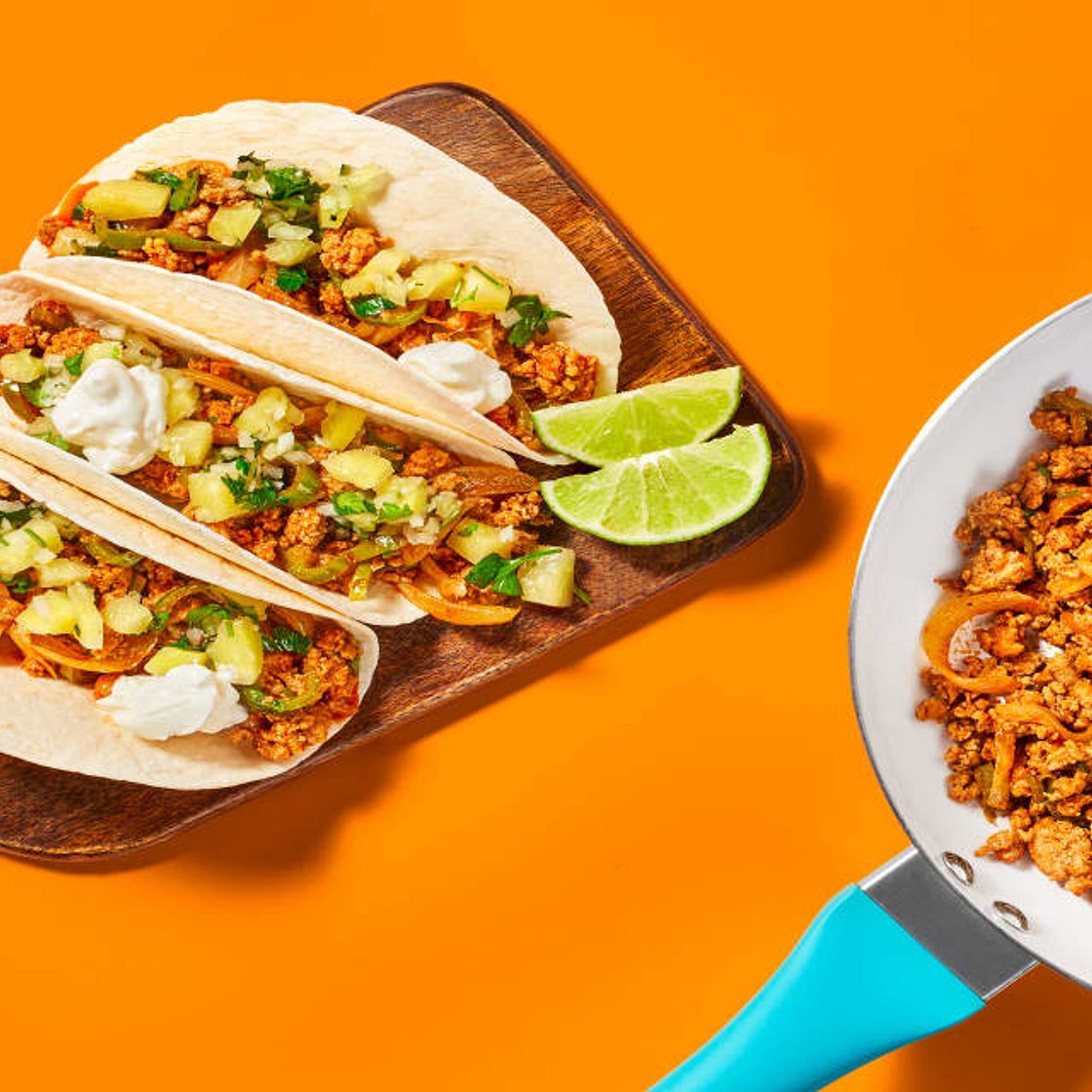 One-Pan Pineapple Salsa Pork Tacos with Cilantro & Sour Cream