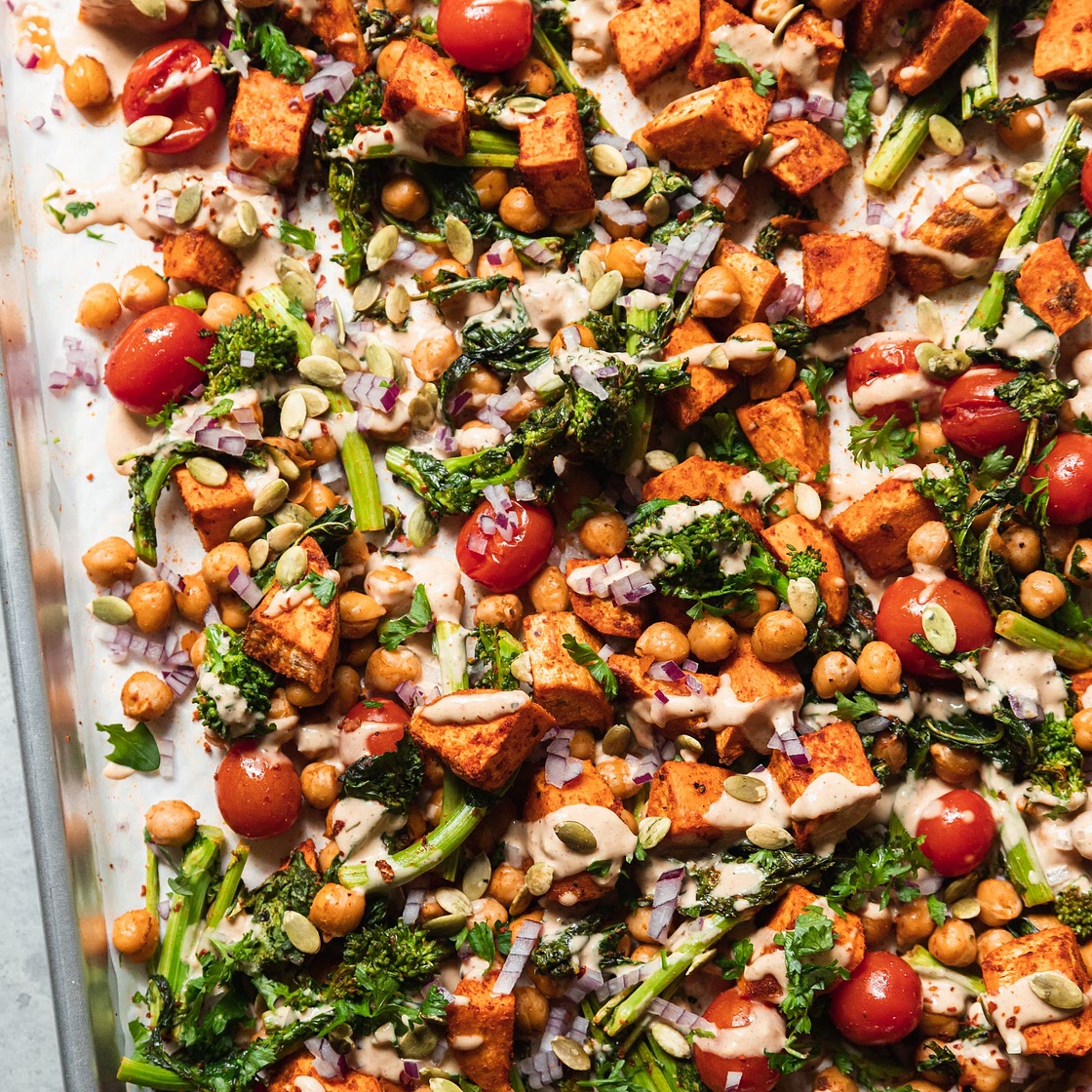 Sweet Potato & Broccoli Rabe Sheet Pan Dinner with Peanut Sauce