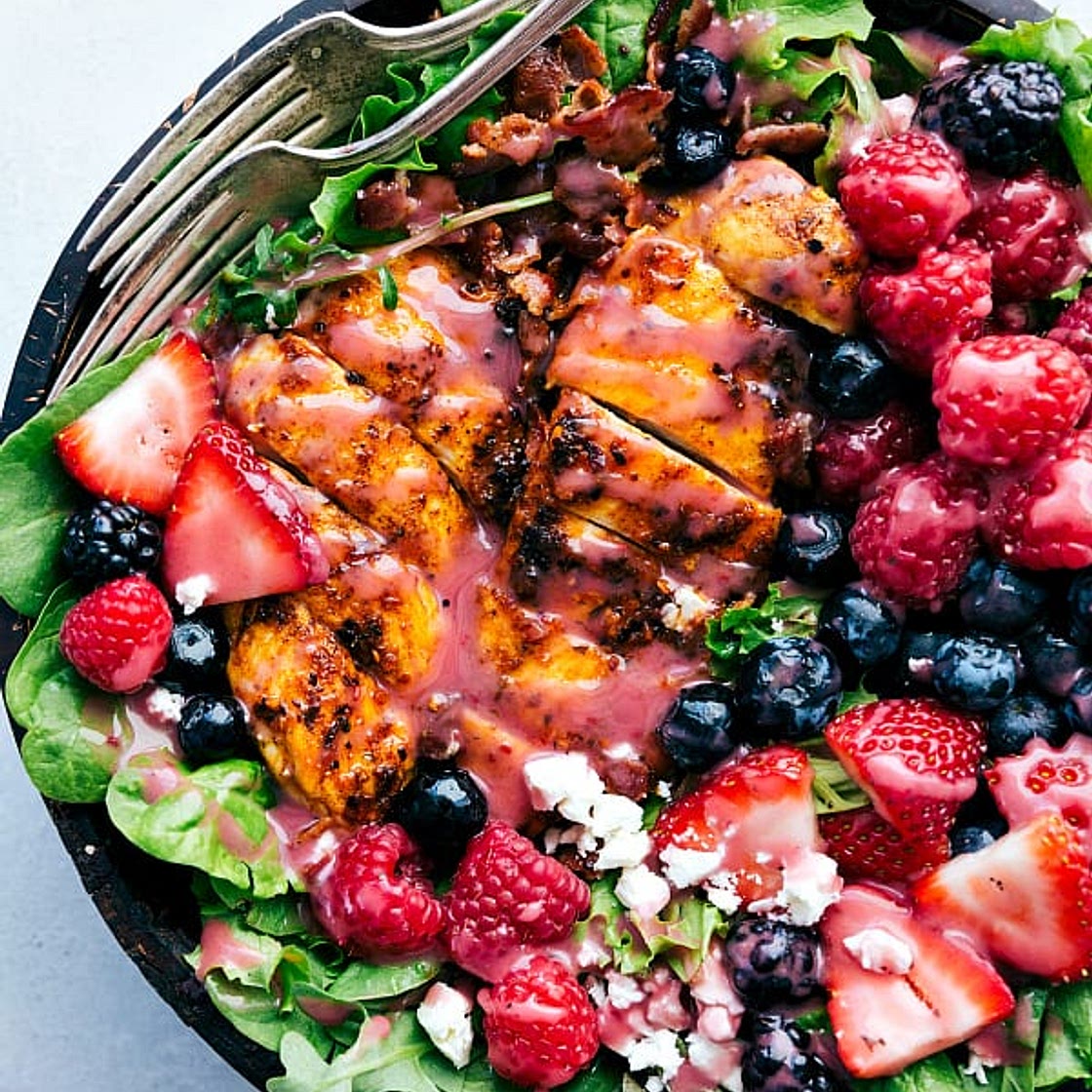 Grilled Berry Feta Chicken Salad with a Sweet Chipotle Dressing