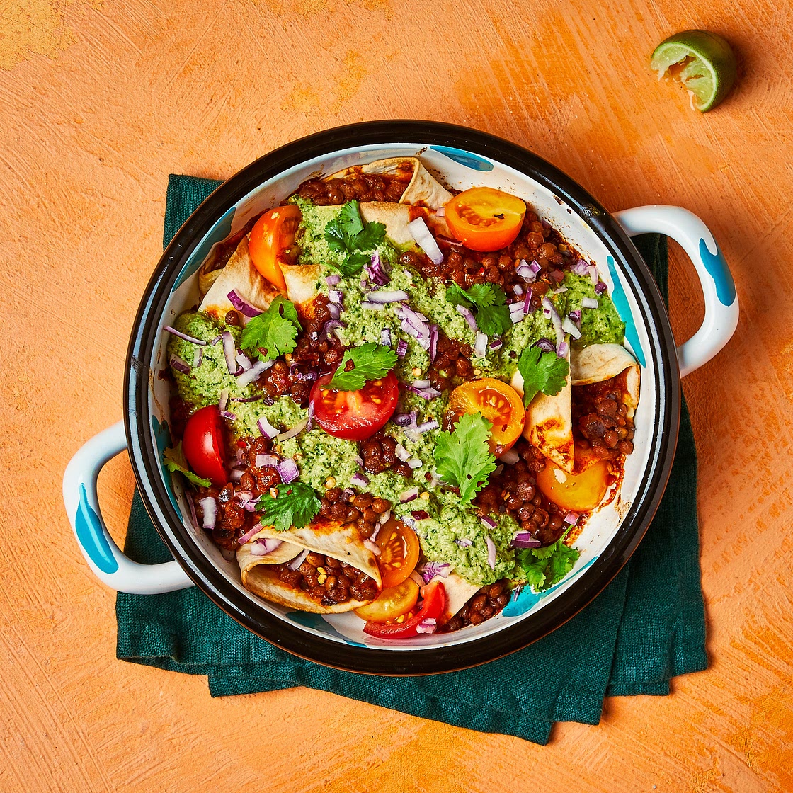 Lentil Enchiladas With Roasted Pepper & Cashew Crema
