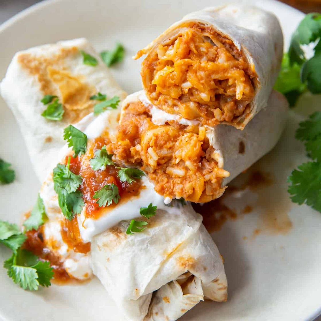 Cheesy Baked Bean and Rice Burritos