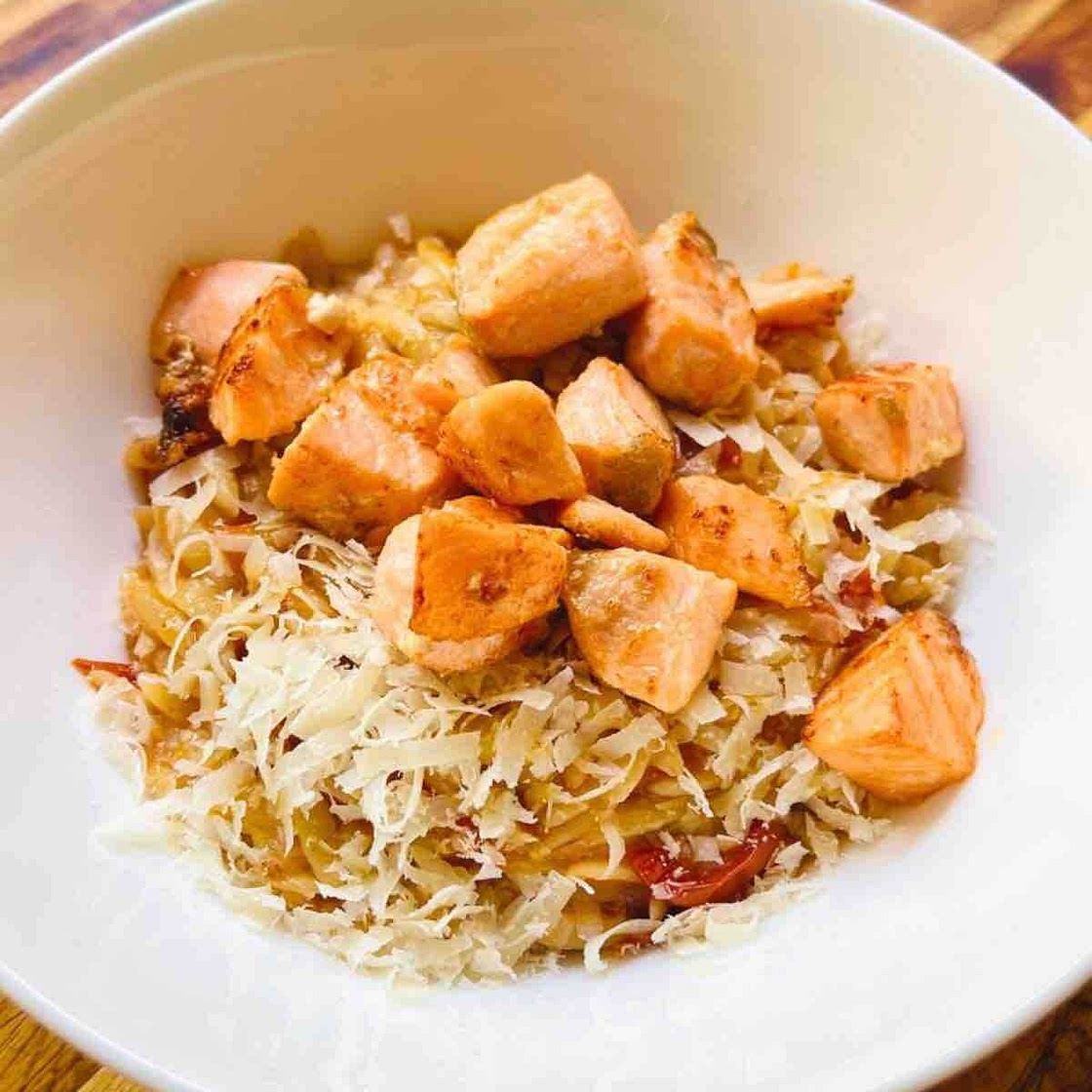 Creamy Tomato Orzo with Grilled Salmon