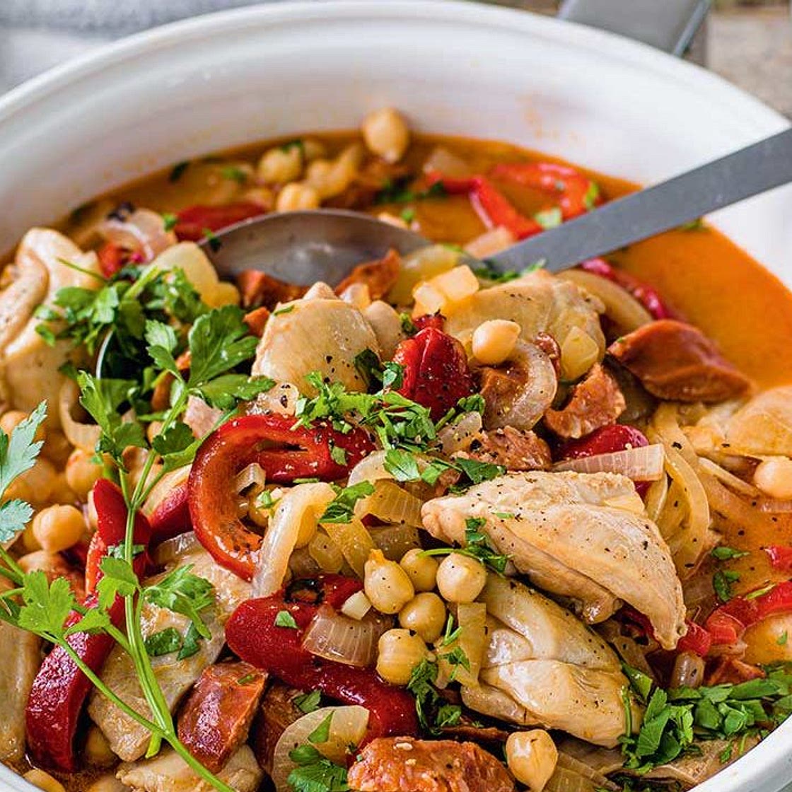 Sherry-braised chicken with chorizo and chickpeas