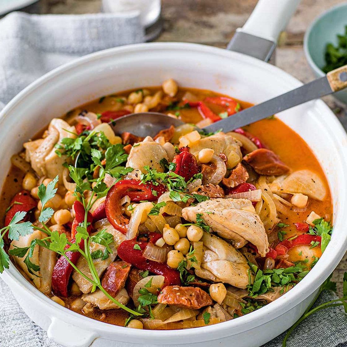 Sherry-braised chicken with chorizo and chickpeas