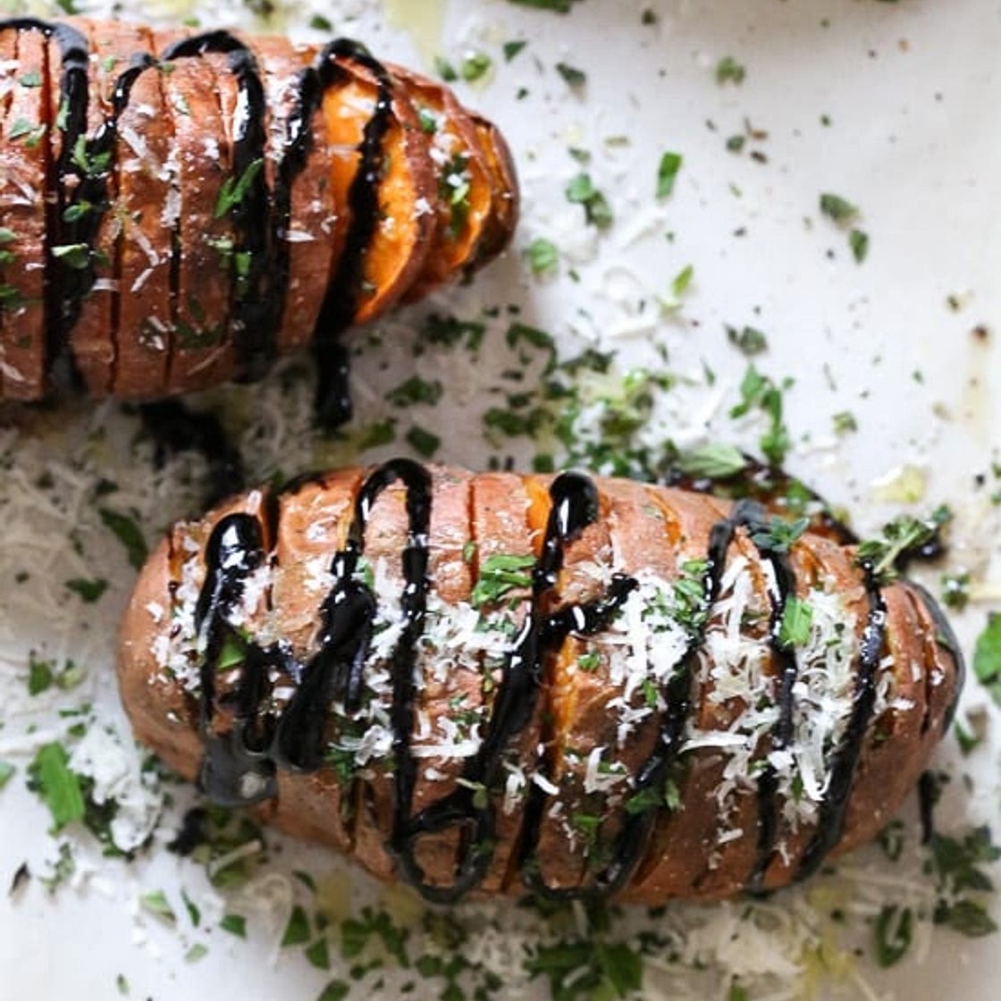 Parmesan Hasselback Sweet Potatoes with Balsamic Glaze