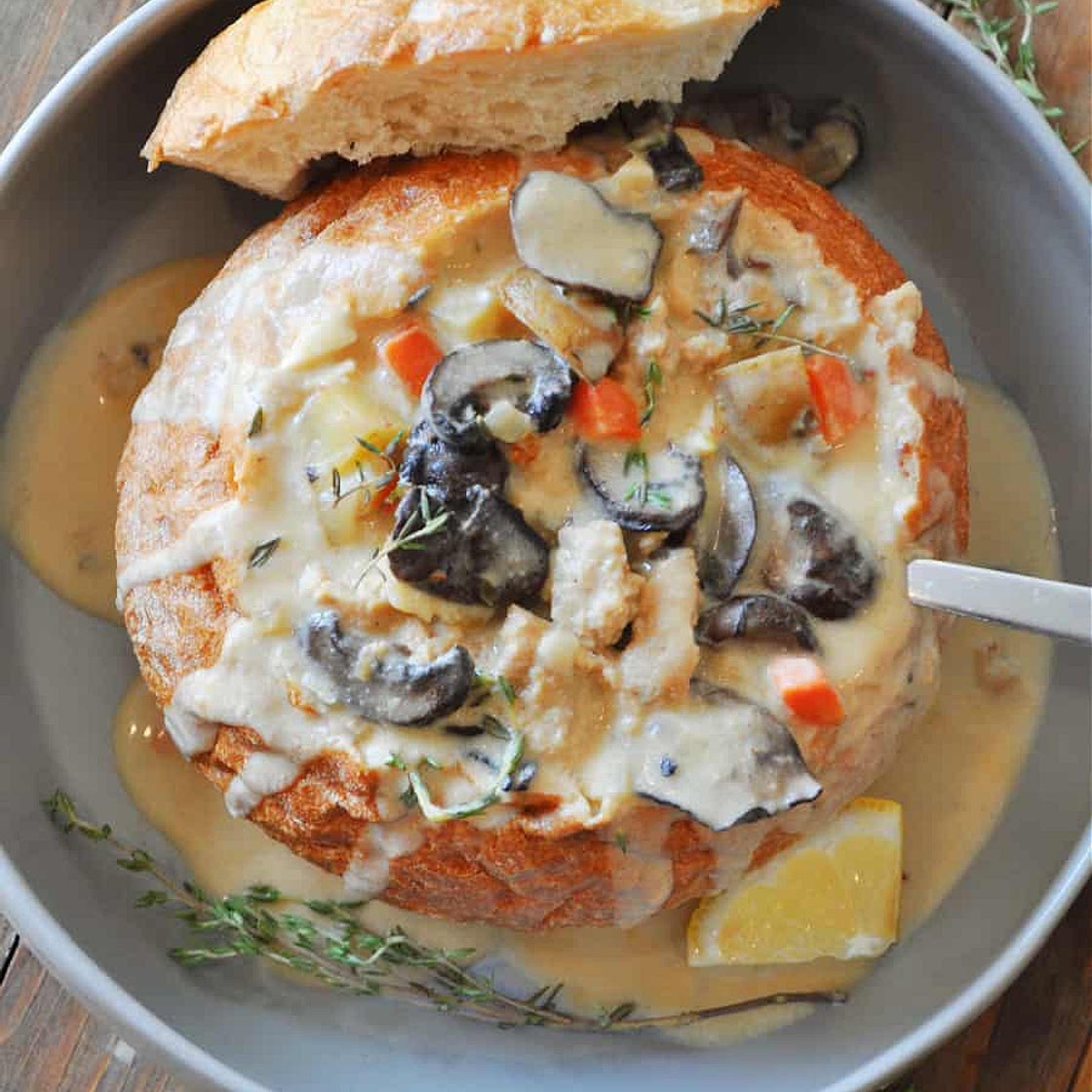 Vegan Roasted Mushroom and Sausage Chowder
