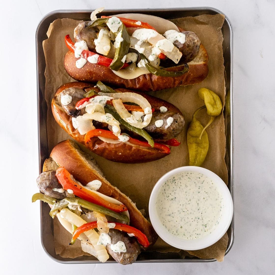 Sheet Pan Sausage and Peppers with Garlic Aioli