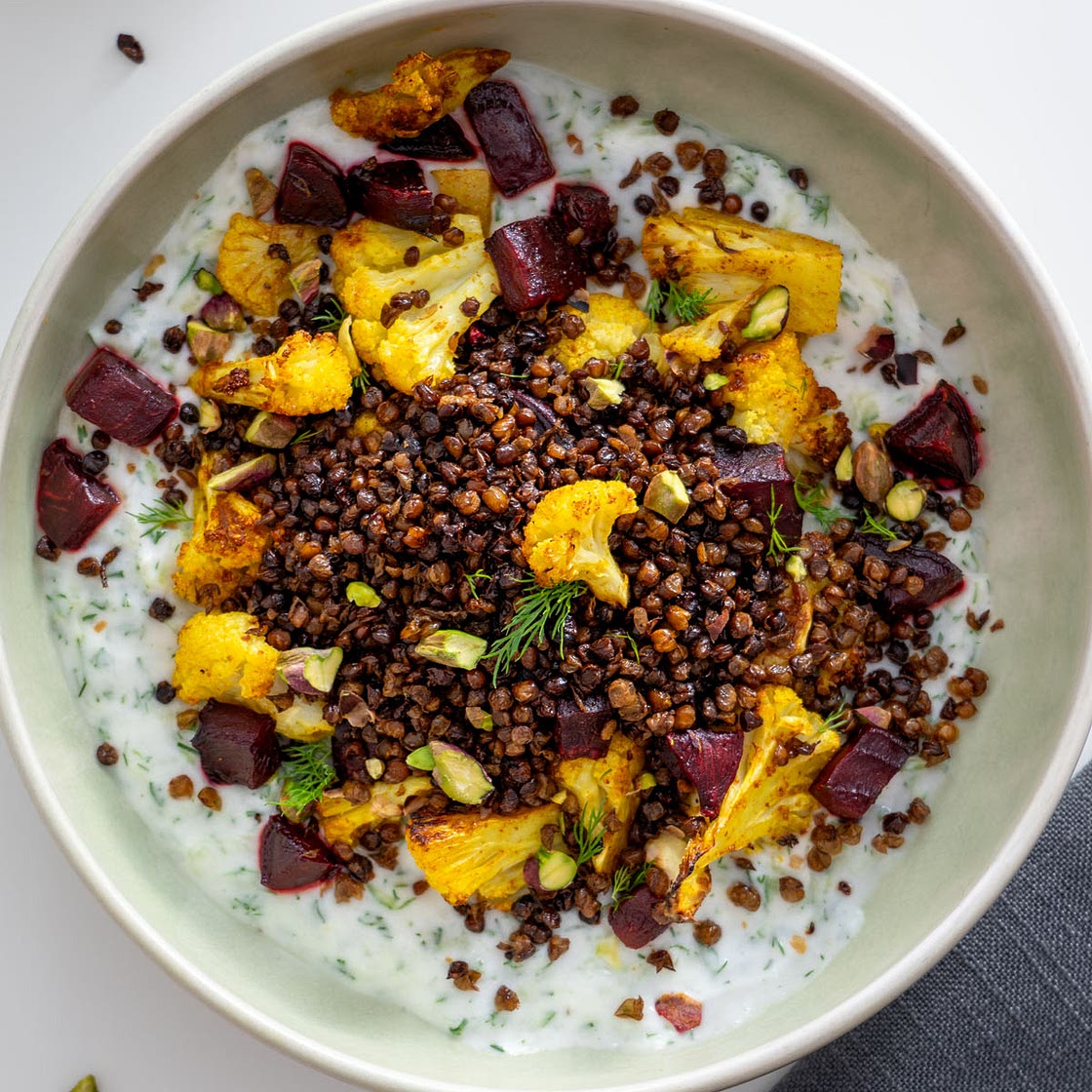 Roasted Cauliflower Bowl with Tzatziki & Crispy Lentils