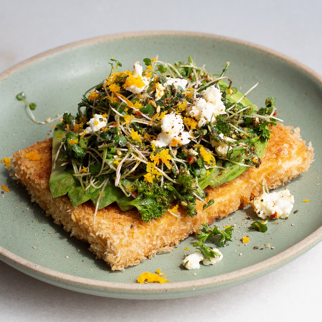 Tofu Cutlets with Avocado & Citrus Sprout Salad