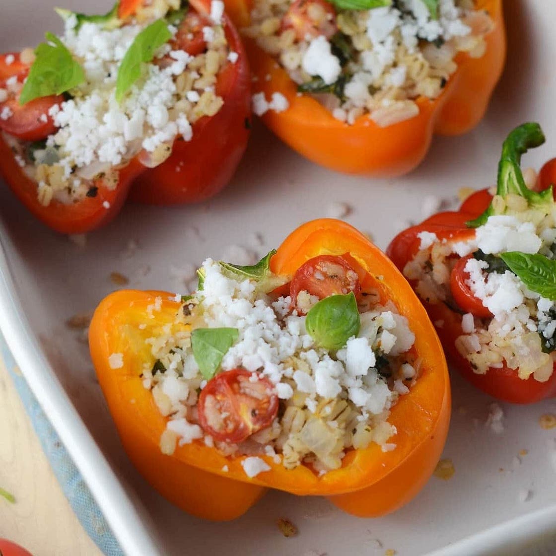 Easy Barley Stuffed Peppers with Basil and Feta (Vegan)