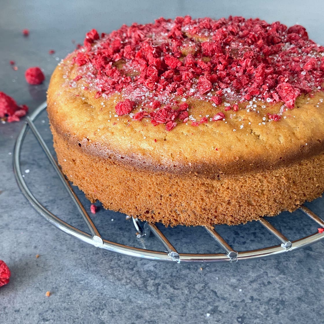 No Added Sugar Cardamom Spelt Cake, Freeze-Dried Raspberries