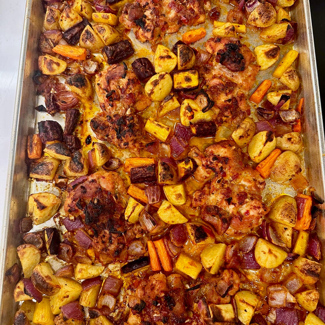 Sheet Pan Harissa Chicken Thighs and Vegetables