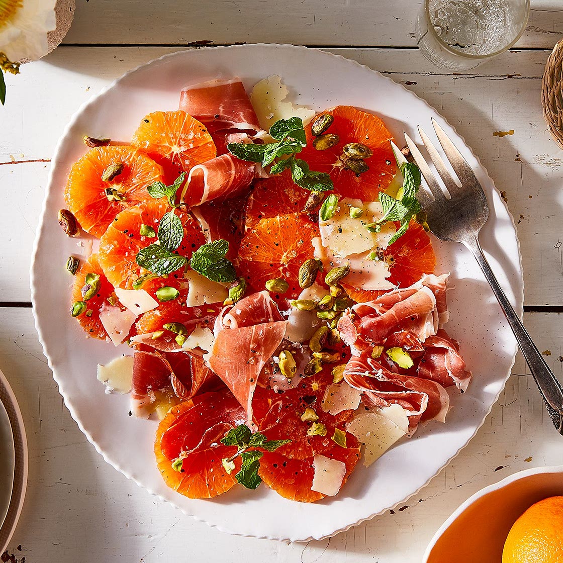 Dressed-Up Cara Cara Oranges With Prosciutto & Pistachios