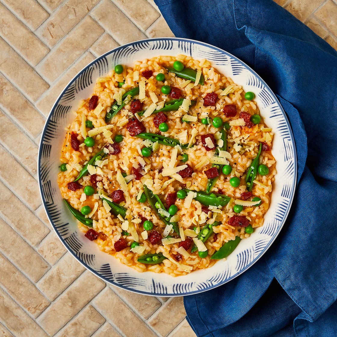 One Pan Cheesy Chorizo & Pea Risotto