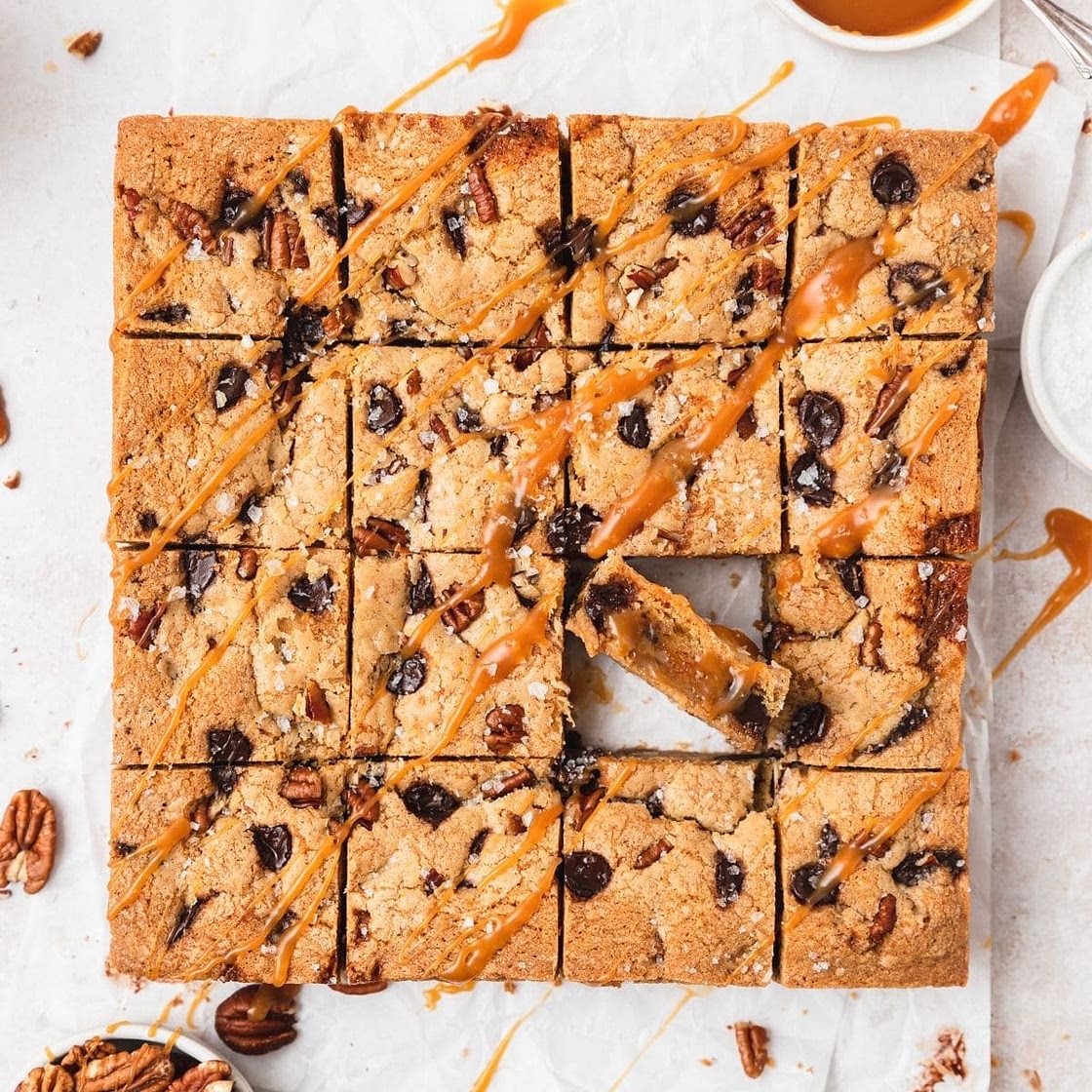Brown Butter Turtle Blondies with Homemade Salted Caramel