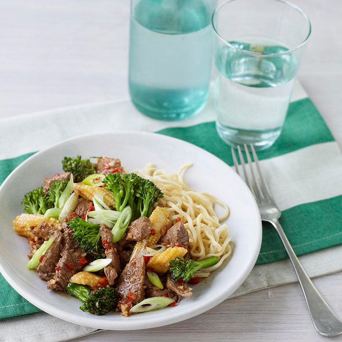 Lighter stir-fried beef with broccoli and sweetcorn