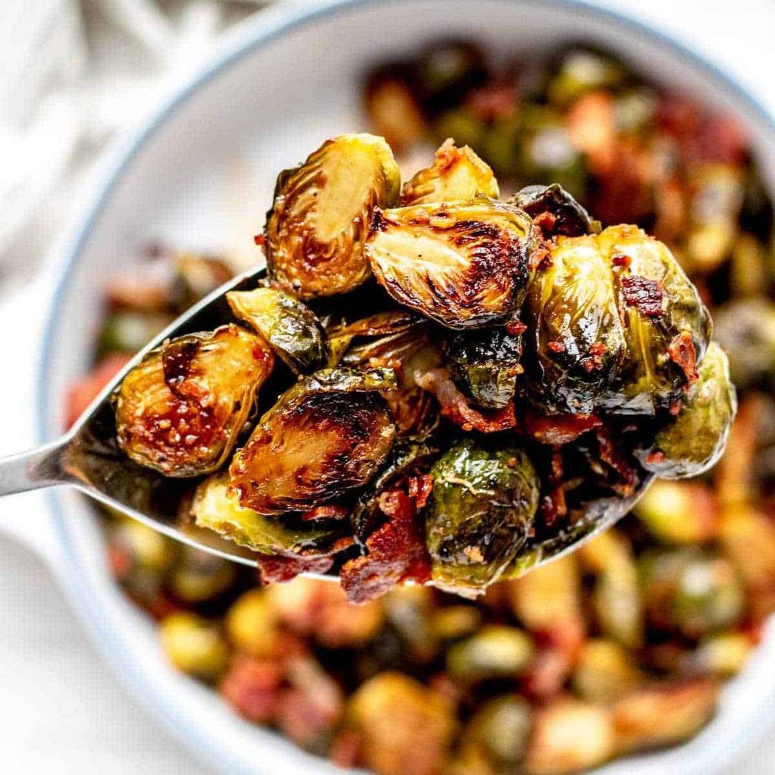 Roasted Brussel Sprouts with Bacon, Balsamic and Maple Syrup
