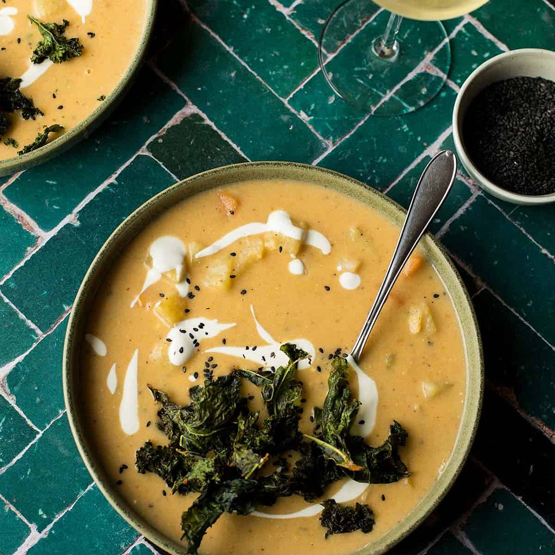 Lightened-Up Carrot and Potato Soup with Kale Chips