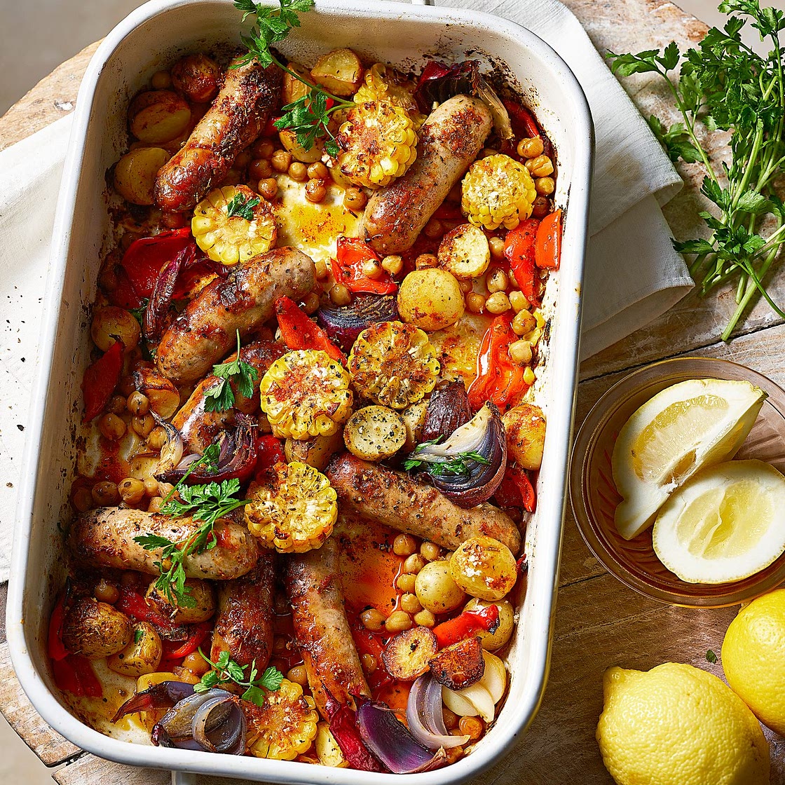 Healthy sausage traybake