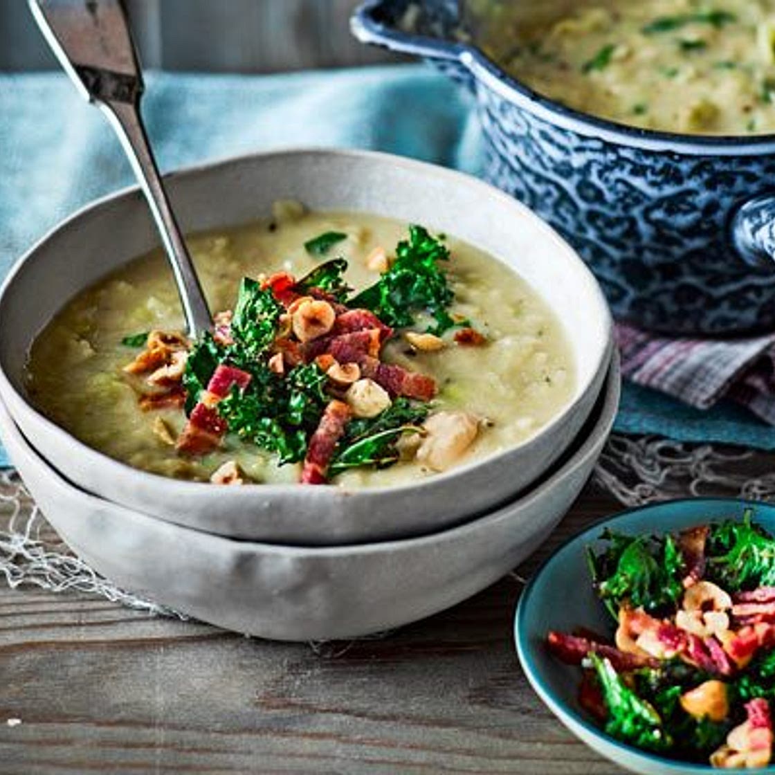 Leek & butter bean soup with crispy kale & bacon