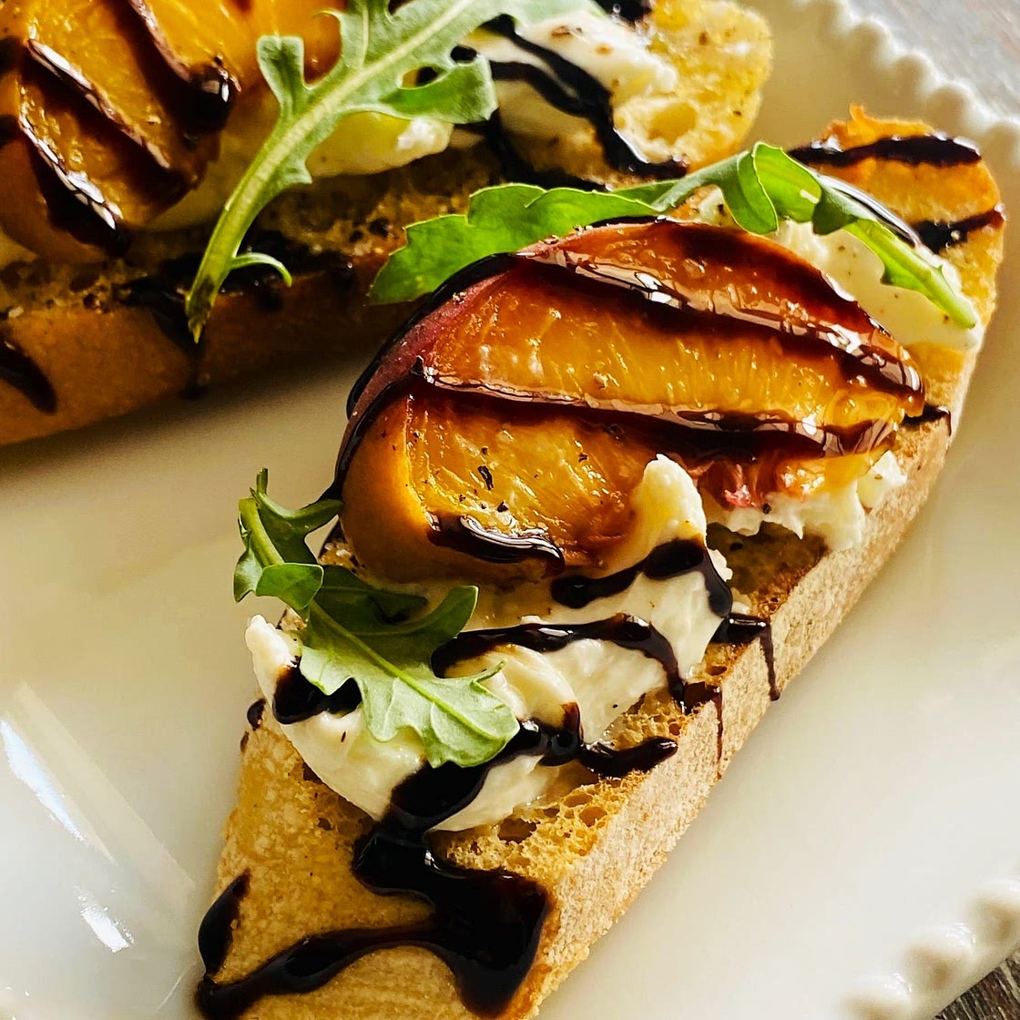 Smoked Peach and Burrata Crostini