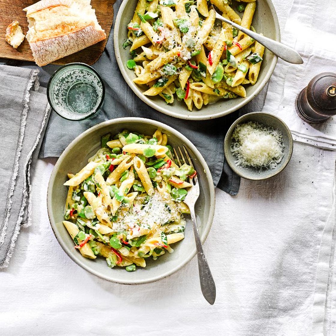 Broad bean, mint and chilli pasta